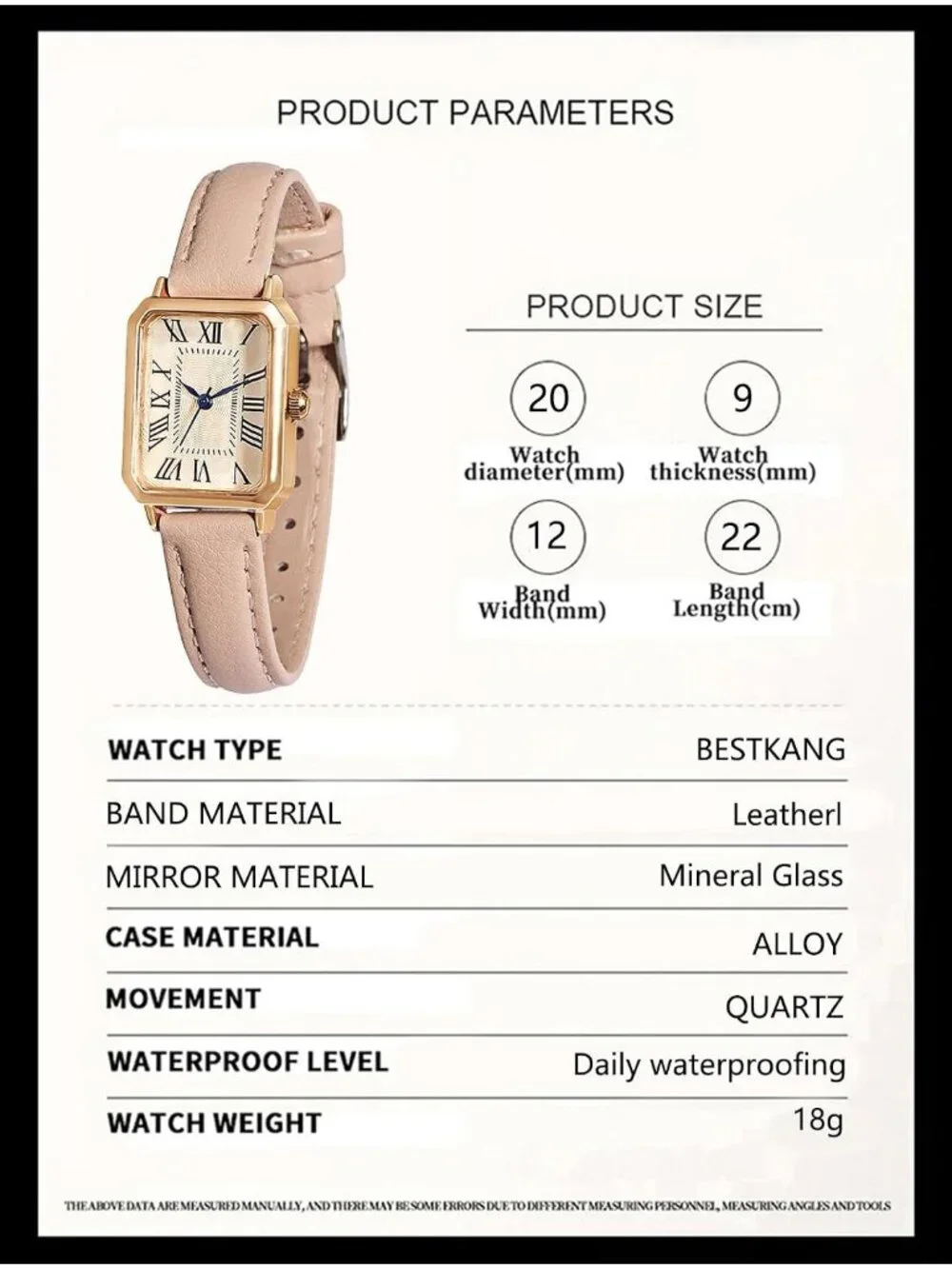 Women's Apricot Gold Leather Strap Elegant Dainty Vintage Rectangle Wrist Watch